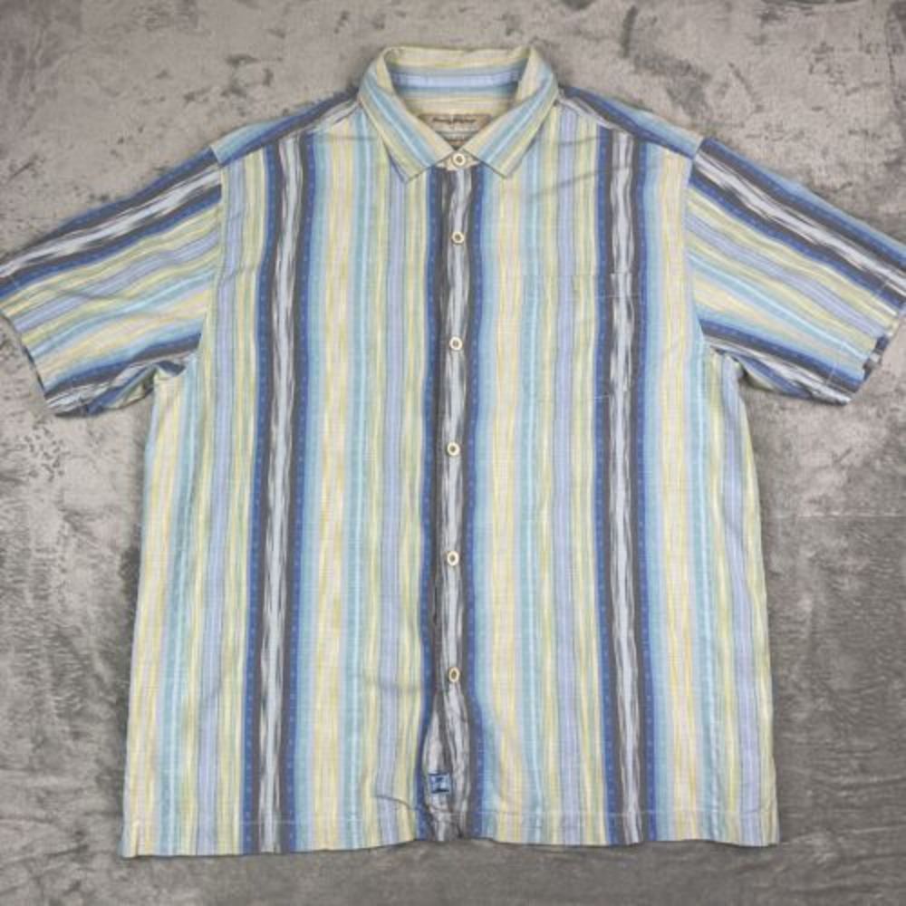 Tommy Bahama Original Fit Silk Mens Striped Hawaiian Tropical Camp Shirt XL EUC‎
